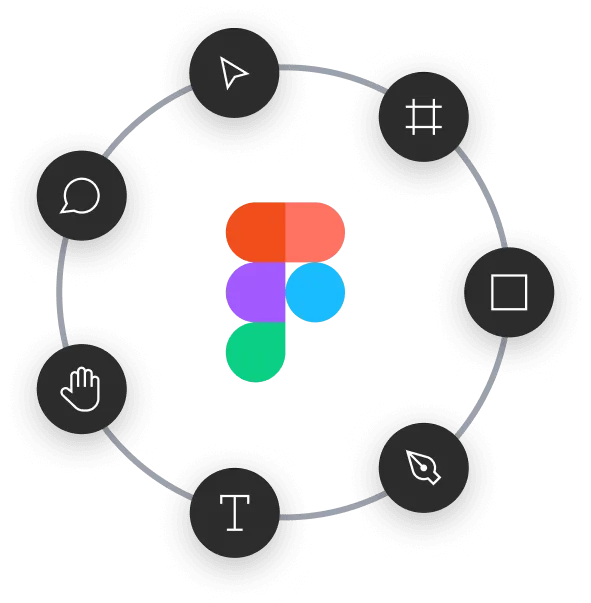 Figma tool icons arranged in a circle