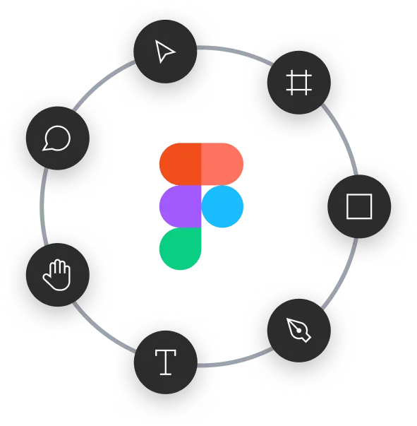 Figma tool icons arranged in a circle